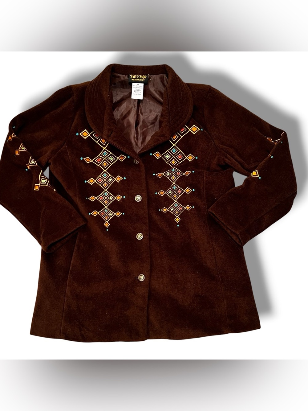 Bob Mackie Fleece Jacket Womens M Brown Art To Wear Cottage Core Southwestern E8